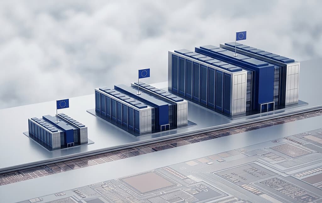 Centro de datos con servidores y pantallas en un entorno tecnológico europeo moderno