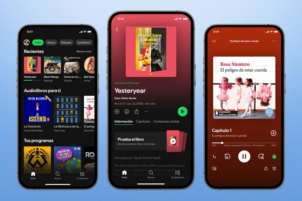 Personas disfrutando de audiolibros en diferentes dispositivos en un entorno urbano moderno.