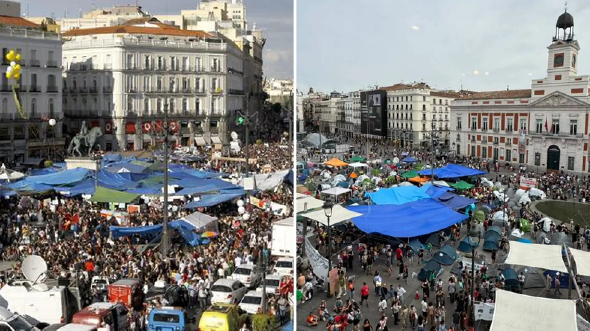 Grupo diverso de manifestantes en la Puerta del Sol durante la protesta del 26-S en Madrid
